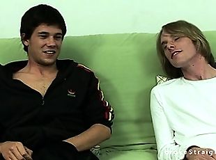 Cute and naughty twinks sit side by side and jack each other off